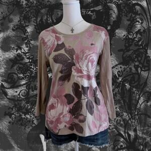 dusty pink brown watercolor rose cream nude embellished fairy boho grunge top
